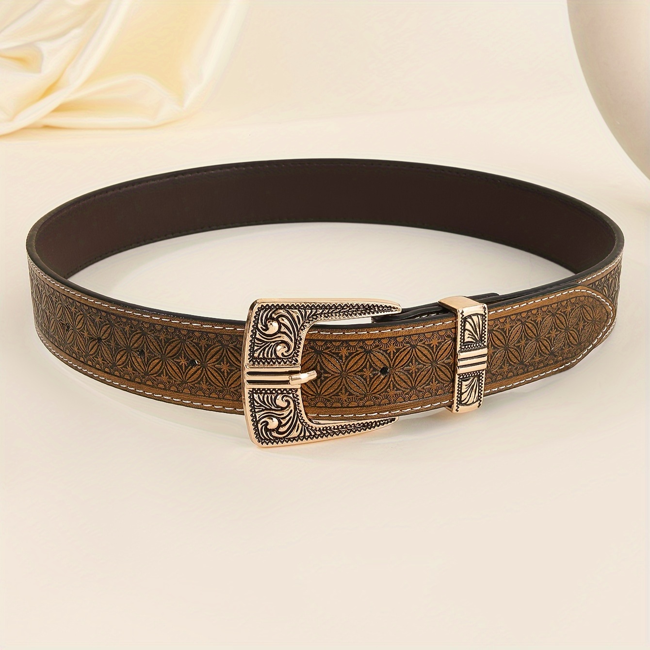 Women'S Floral Carved Buckle Belt Faux Leather for Various Occasions